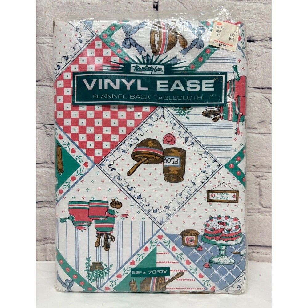Flannel back vinyl tablecloth country Farmhouse Baking oblong 52” x 90” Vtg 90s